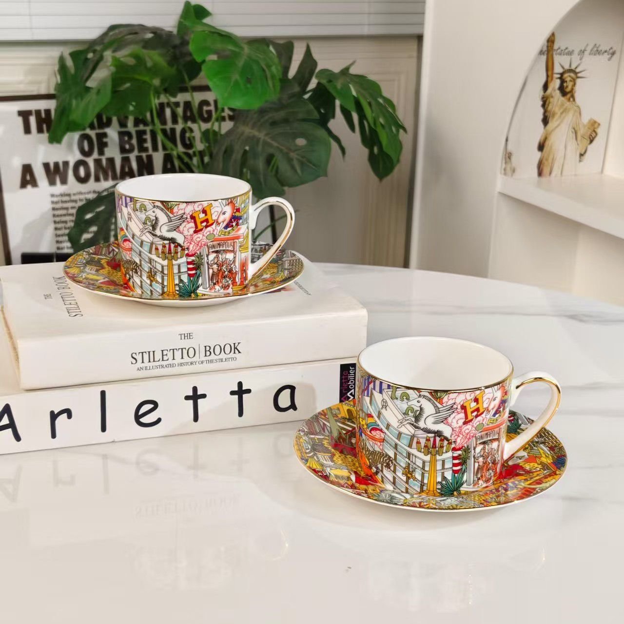 Hermes porcelain teacups and saucers with a "Forest Animals" pattern. Two cups. - Image 2 of 2